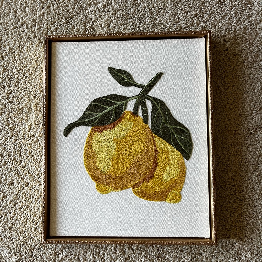 Framed Lemon Botanical Embroidery Art in Yellow & Green
